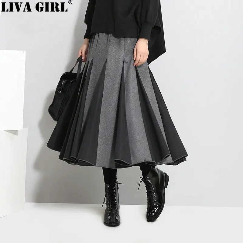 

LIVA GIRL New Autumn Winter High Waist Solid Color Black White Split Joint Loose Pleated Half-body Skirt Women Fashion