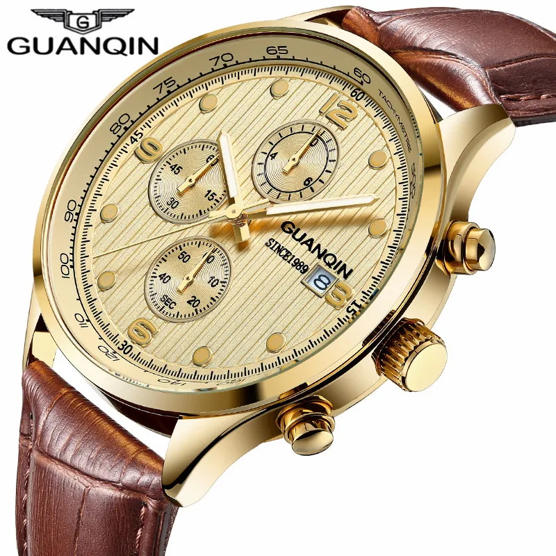 Мужские часы Топ бренд класса люкс GUANQIN Военные Спортивные Светящиеся Наручные часы хронограф кожа кварцевые часы relog