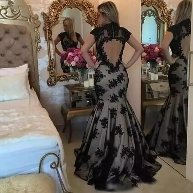 Черное кружевное платье для матери невесты с открытой спиной и высоким вырезом для свадебной вечеринки, платье для выпускного вечера, вечернее платье для жениха, крестная мать, ужин