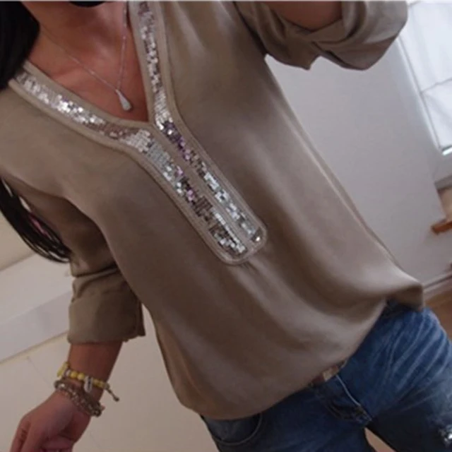 เซ็กซี่เลื่อม V คอฤดูใบไม้ร่วงเสื้อเสื้อเย็บเสื้อสีขาวยาวเสื้อ \ \ \ \ \ \ \ \ \ \ \ \ \ \ \ \ \ Tops Tunic Femme Blusas หญิง