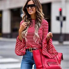 Лидер продаж, Осень-зима, новые модные милые повседневные футболки в красно-белую полоску с широкими расклешенными рукавами, хлопковая футболка, Милая женская одежда для девочек