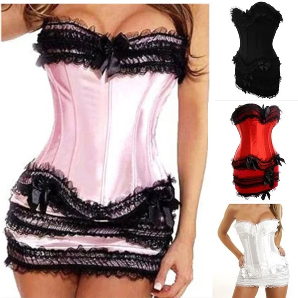 

Lingerie Black/Red/Pink/White/Leopard Corset & Skirt Lingerie New Plus Size Corsets mini skirt Women Sexy Clubwear Dress S-6XL