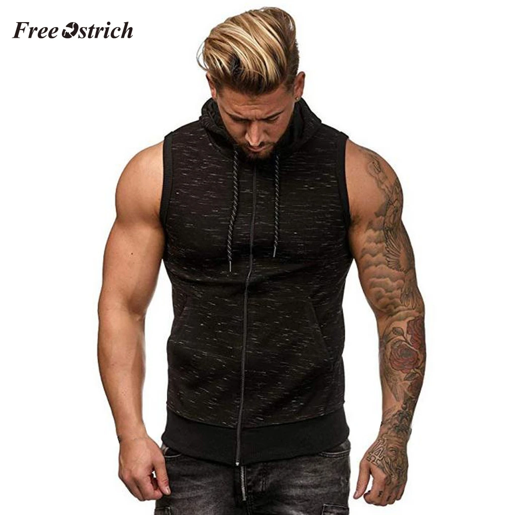 

Free Ostrich Men's Vest Jacket Men Sport Style Sleeveless Tops Zipper Hoodie Solid Tops Casual Tank Waistcoat For Women New