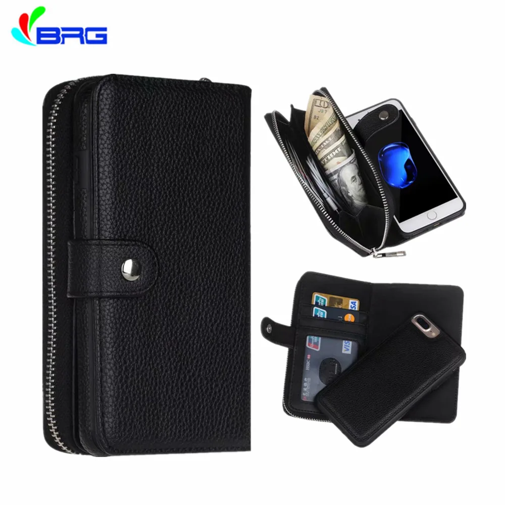  BRG For iPhone 11 Pro XS Max XR Case Leather Flip Detachable Zipper Wallet Case For iPhone 6 6S Plu