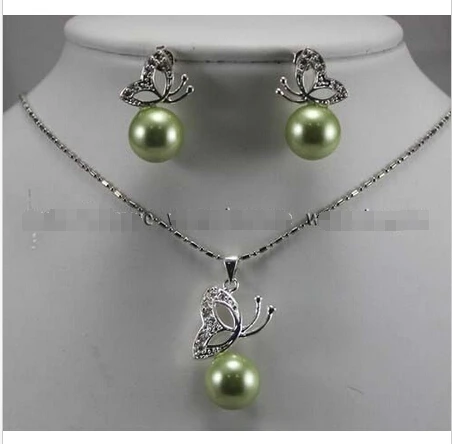 

12MM Apple Green South sea Shell Pearl Earrings & Necklace Pendant Set ^^^@^Noble style Natural Fine jewe FREE SHIPPING