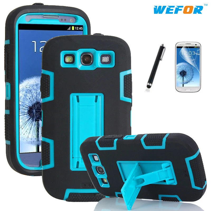  Shockproof Hybrid Armor Rubber Heavy Duty Case Cover For Samsung Galaxy S3 i9300 Stand Phone Cases w/Screen Protector+Stylus Pen 