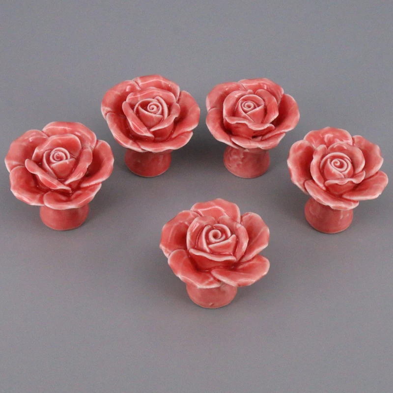 5pcs Vintage Floral Rose Ceramic Pull Handles Door Cupboard