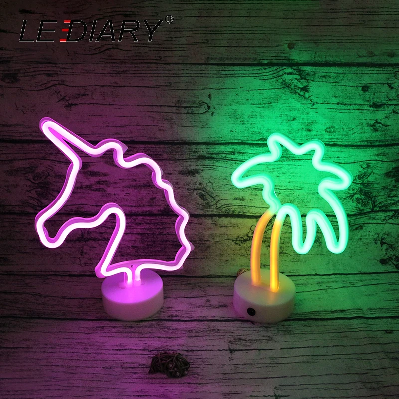 

LEDIARY LED Neon Night Light Green Coconut Tree Purple Unicorn Novelty USB Rechargeable Decorate Luminary Bedroom Bedside Lamp