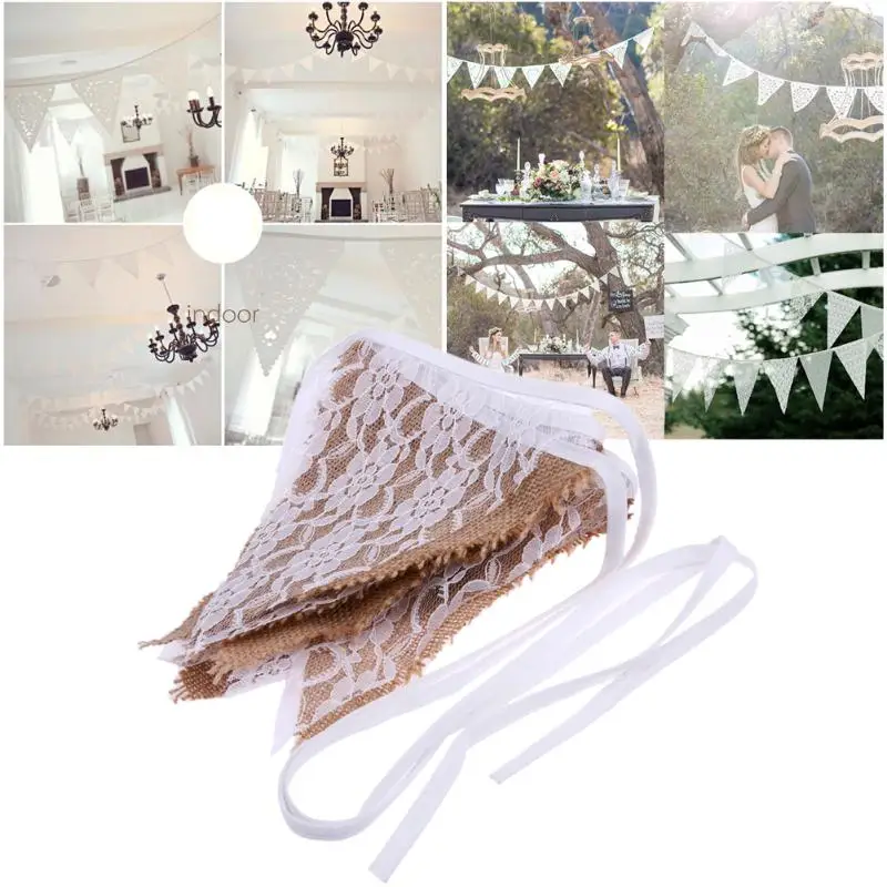 

3m 12 Flags Vintage Wedding Banner Home Decor Hessian Fabric Bunting Burlap Cord Jute Rope Lace Banner Wedding Party Supplies
