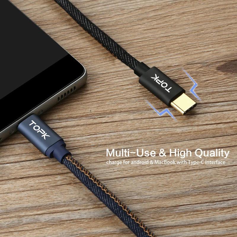 Type-C кабель, TOPK Denim провод USB C позолоченный штекер быстрой зарядки usb type C кабель для MacBook/Xiaomi 4C/Letv/Oneplus