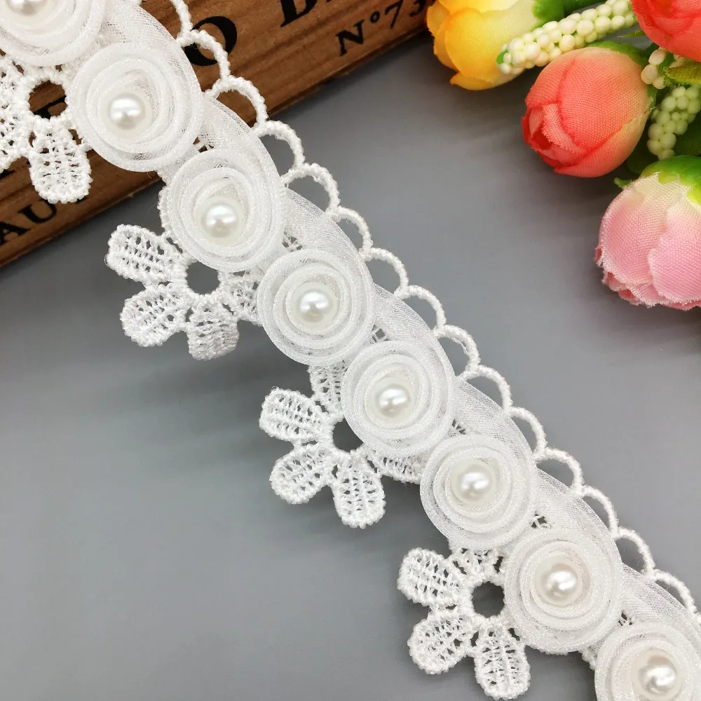 1yd Crystal Flower Pearl Lace Edge Trim Wedding Ribbon Applique DIY Sewing Craft