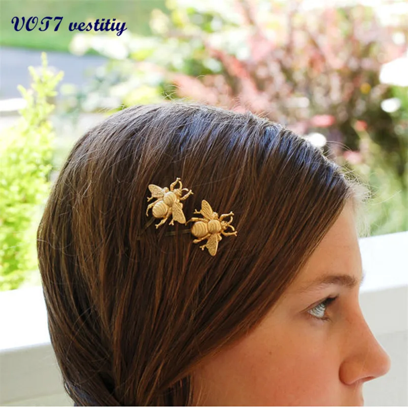 VOT7 vestitiy2016 fashion 2PCS Style Girl Exquisite Gold Bee Hairpin Side Clip Hair Accessories Alloy headhand