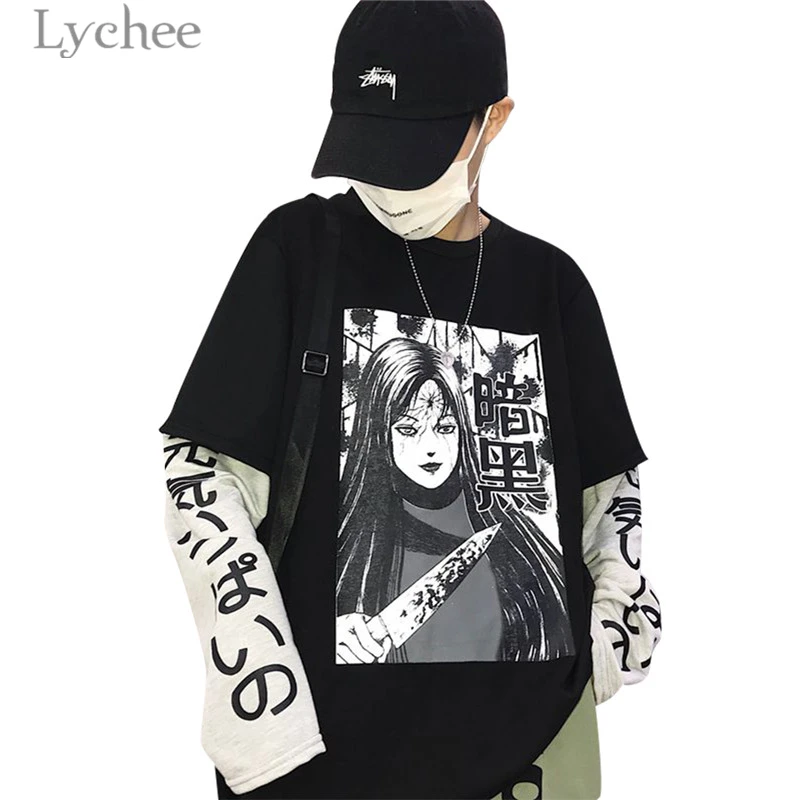 Ceny Lychee Harajuku japońskie anime drukuj kobiety bluza fałszywe 2 kawałki O Neck z długim rękawem Casual luźna bluza damska Streetwear