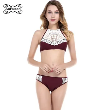 

Sexy White Lace High Neck Bikini Swimsuit Top Bottom Set Beach Wear Women Bathing Swimwear Costumi Da Bagno Donna Vintage Bikini