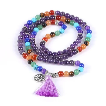 

Fashion Women's Yoga Bracelet Natural Purple Crystal 6mm Beads 108 Prayer Mala Healing Tree of Lift Charm Cuff Jewelry Wholesale