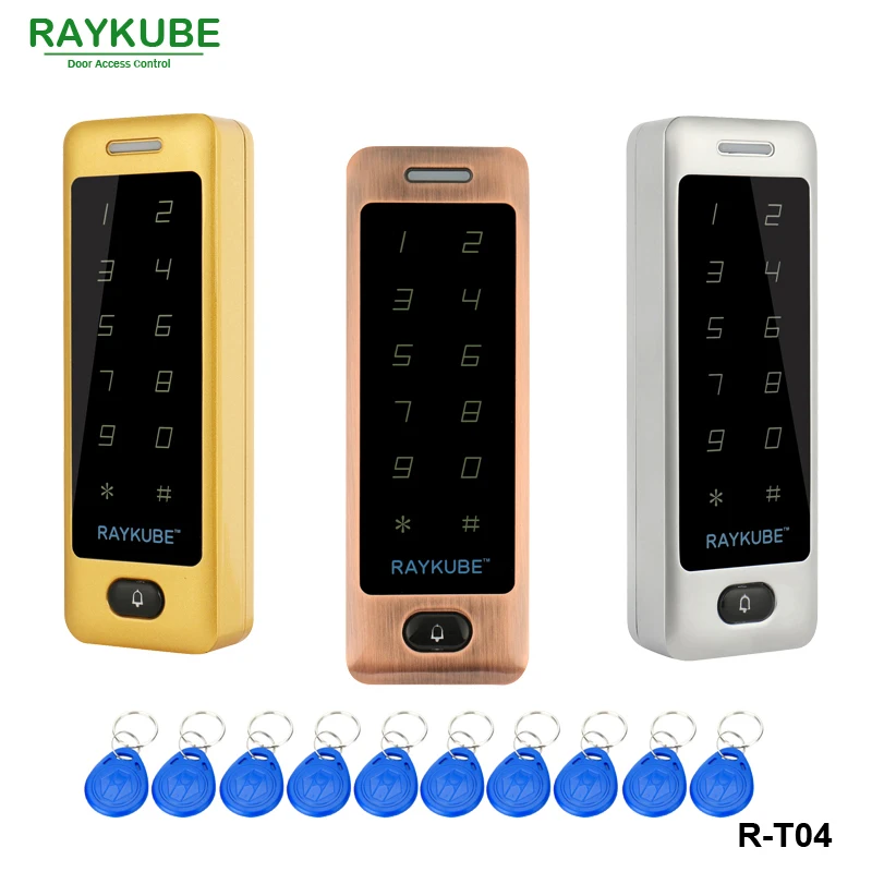 RAYKUBE Клавиатура контроля доступа с водонепроницаемой крышкой металлический сенсорный RFID считыватель+ 10 шт. брелоки для системы контроля доступа R-T03