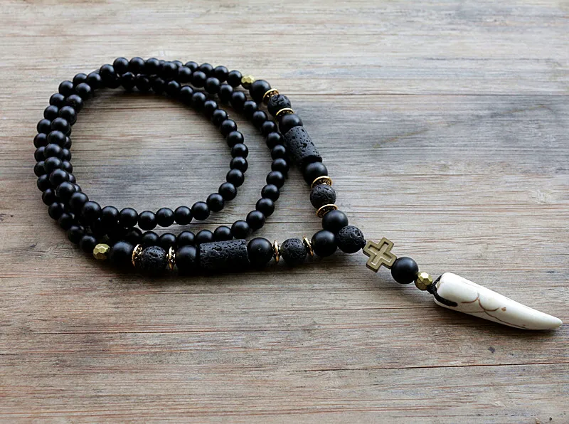 Black BLava Stones Bead with Hematite cross charm pendant necklace - Image 4
