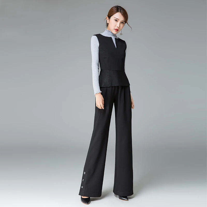 2018 New Womens Suit Black Tops And Long Pants 2 Pieces V neck Vest