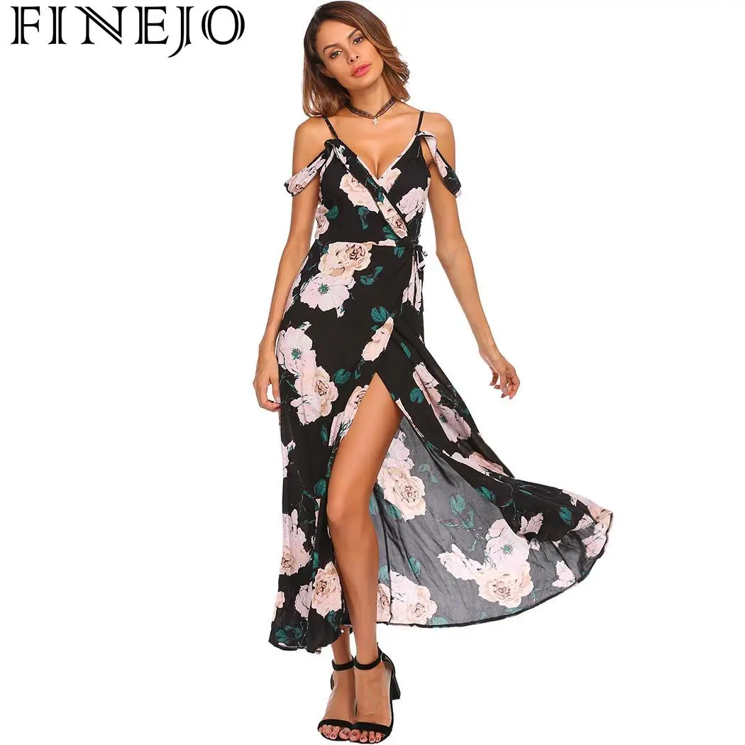 

FINEJO Women's Dress Lace Cold Shoulder Ruffles Floral Print Maxi Wrap Split Front Backless Casual Party Roupas Femininas