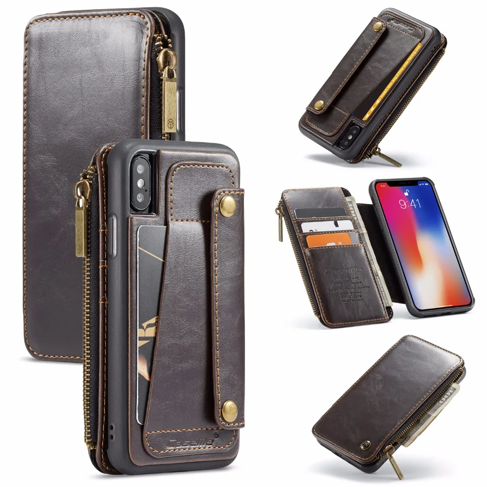 

CaseMe Detachable Leather Wallet Case For iPhone X Case Zipper Credit Card Slots Cover For iPhone XS Max XR 6 6S 7 8 Plus