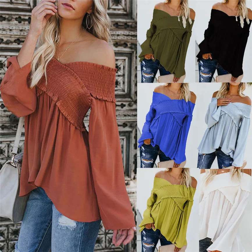 

Women Fashion Sexy Solid Long Flare Sleeve Slash Neck Loose Ruched Blouse Tops 2109 New Casual Women Slim Chiffon Blouse M#0