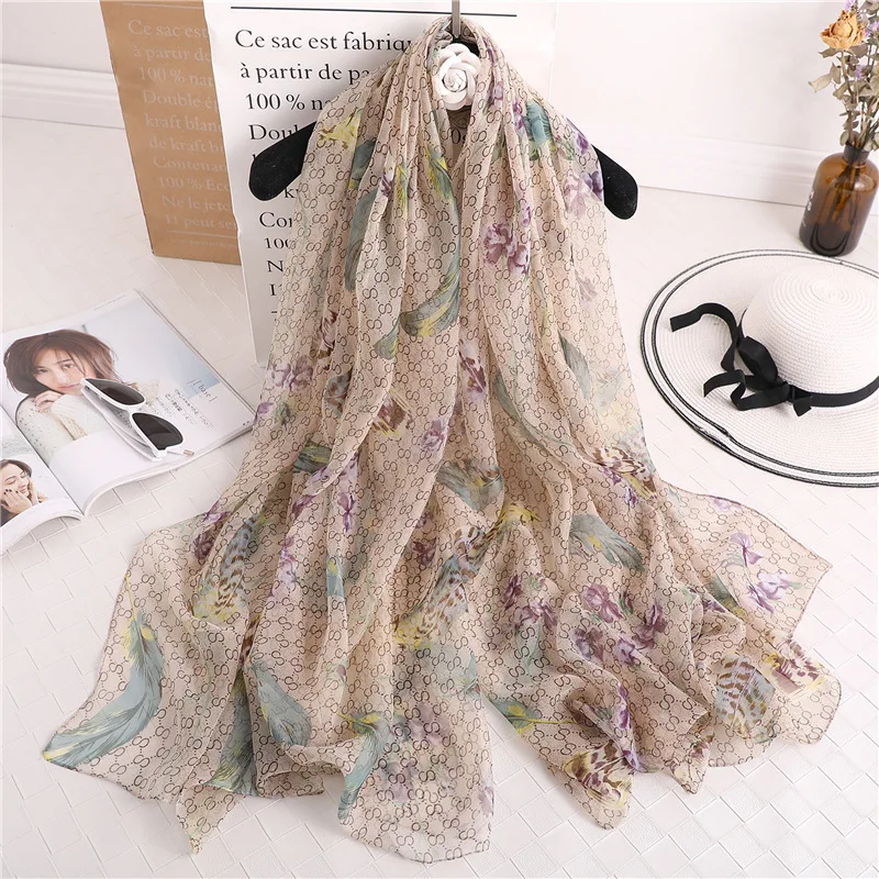 

Luxury Brand Silk Scarf Women Fashion Plaid Pashmina Fashion Feather Shawls And Wraps Lady Large Long Winter Scarves Hijab 2019