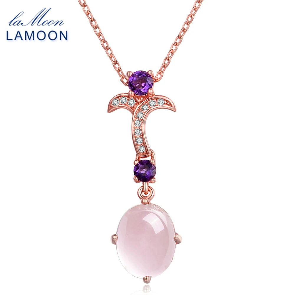 LAMOON- Flower 8X10mm 100% Natural Gemstone Oval Rose Quartz Chain Necklace 925 Sterling Silver Jewelry LMNI013 | Украшения и