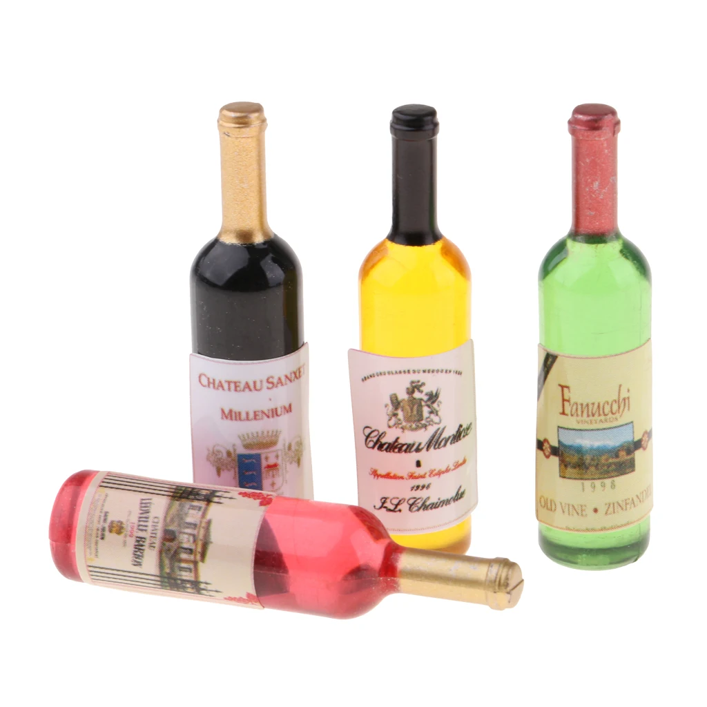 

Handcrafts Miniature Food Toy Groceries Model Drink Wine Champagne Bottles For 1/12 Dolls House Dining Room Accessory 4 pcs