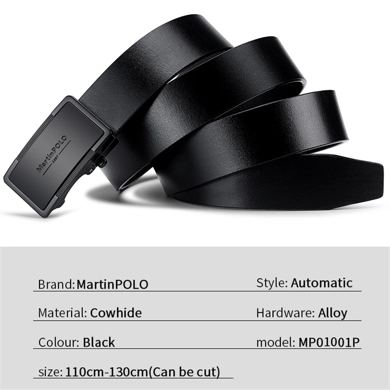 MartinPOLO Men Automatic Buckle Genuine Leather Cowskin Belts Black High Quality Business Male Men's Belts MP01001P