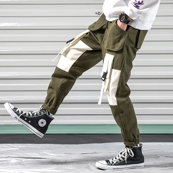

2020 Pockets Cargo Harem Pants Mens Casual Joggers Baggy Tactical Trousers Harajuku Streetwear Hip Hop Fashion Ribbons Man Pants