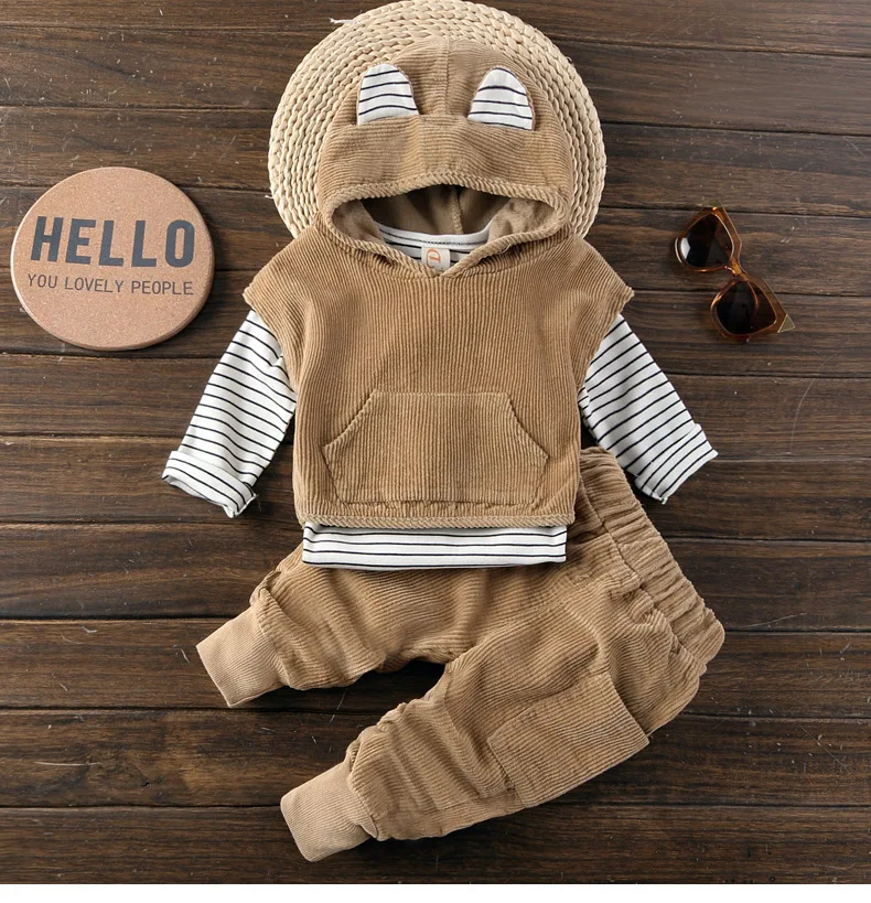 

2019 Spring Autumn Boys Toddler Clothing Hoodies Suits Recreational Corduroy 3PCS Tops+Jacket+Pants Clothes Sets
