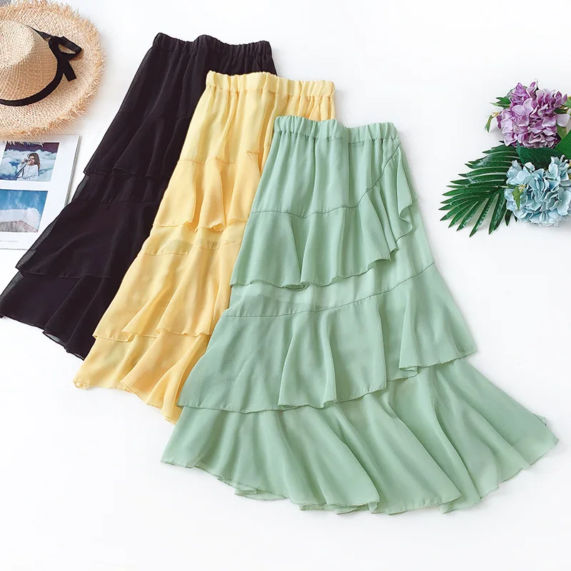 

black yellow green chiffon pleated midi skirt womens summer high waist ruffle long skirts for women 2019 a line asymmetrical