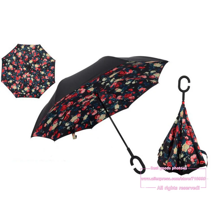 Cozzy Special Design Double Layer Inverted Umbrella Reverse Rainy Sunny with C shaped Hands Long Handle