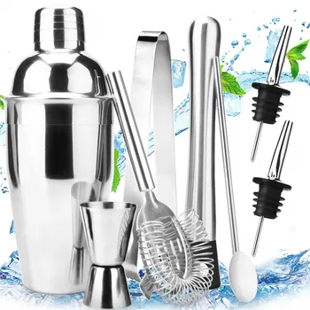 

18oz Stainless8Pcs Steel Cocktail Shaker Bar Set Tools with Martini Mixer Double Measuring Jigger Professional Bar Accessories