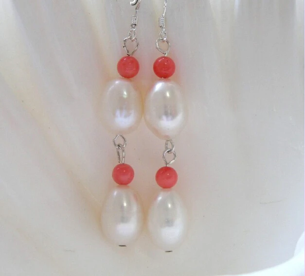 

Free shipping wonderful 12mm white freshwater pearls pink coral earrings 925s B412 6.10