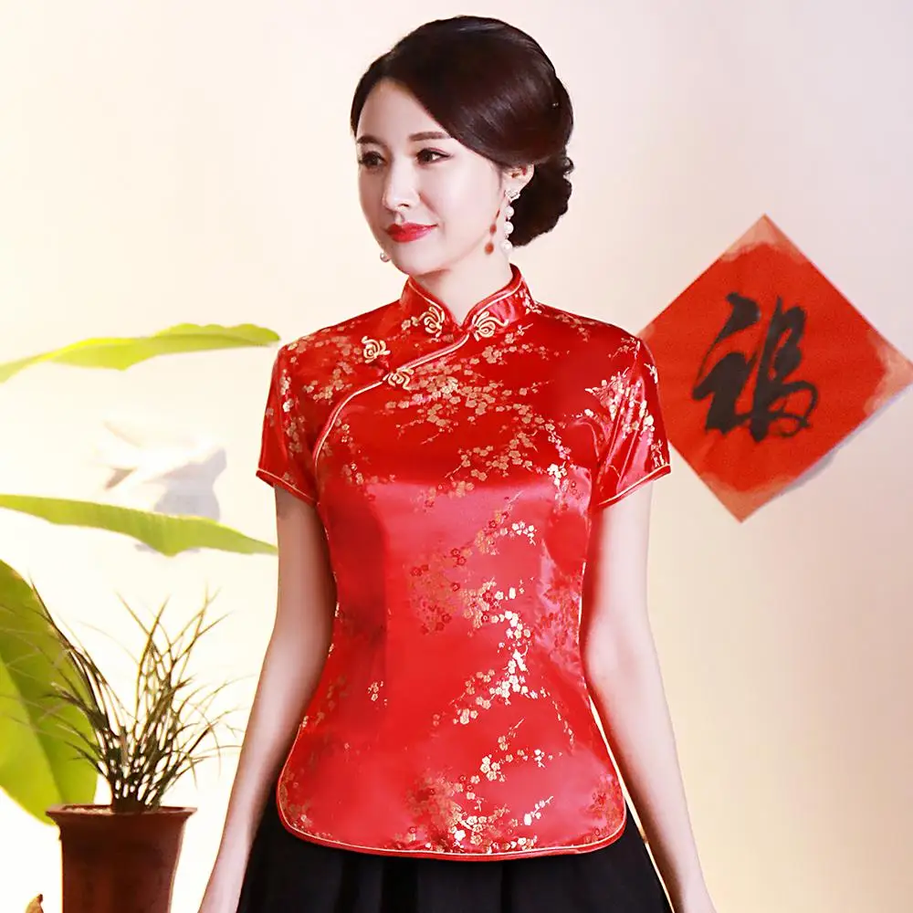 Винтажная Цветочная Женская Китайская традиционная атласная блузка, Летняя Сексуальная рубашка, новинка, дракон, одежда, топы размера плюс, 3XL, 4XL, WS009 - Цвет: Red Flower