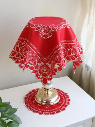 

European high-end embroidery bedroom bedside round table lamp cover cloth fabric microwave bedside table large red dust cover