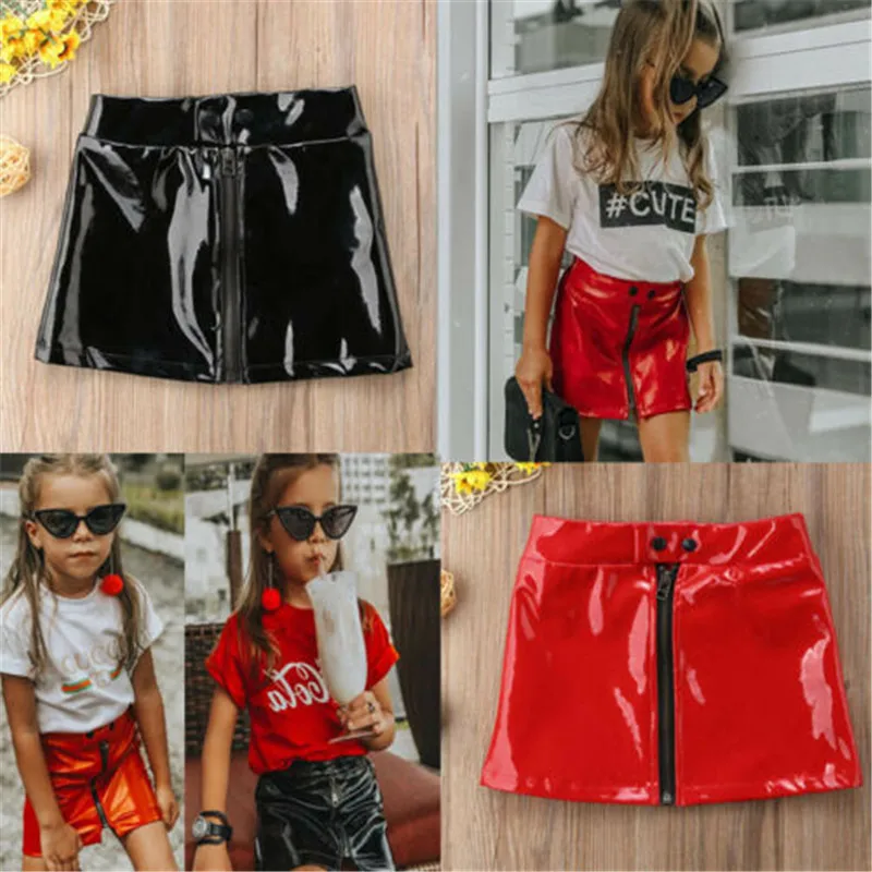 Emmababy Hot Sale Button Bright Leather Skirt Solid Red Black Baby kids Girls Outfits Sequins Leather Mini Skirt Clothes