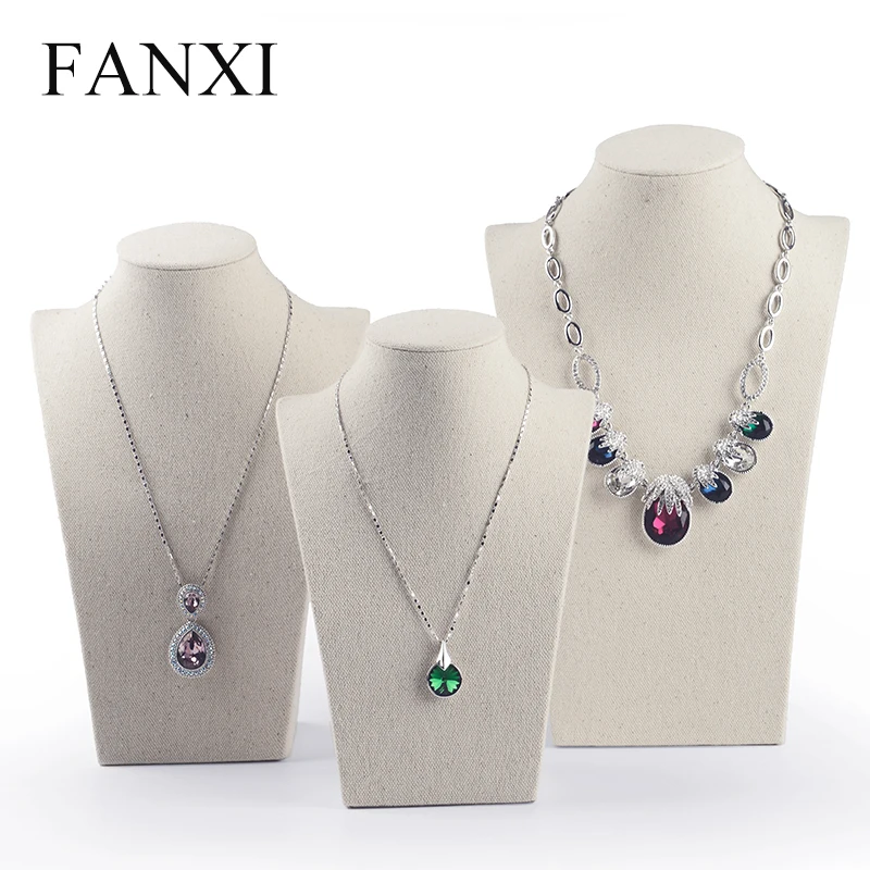 Fanxi Linen Cream-white Necklace Mannequin Bust Pendant Jewelry Display Stand Holder Shelf Showcase Jewelry Organizer