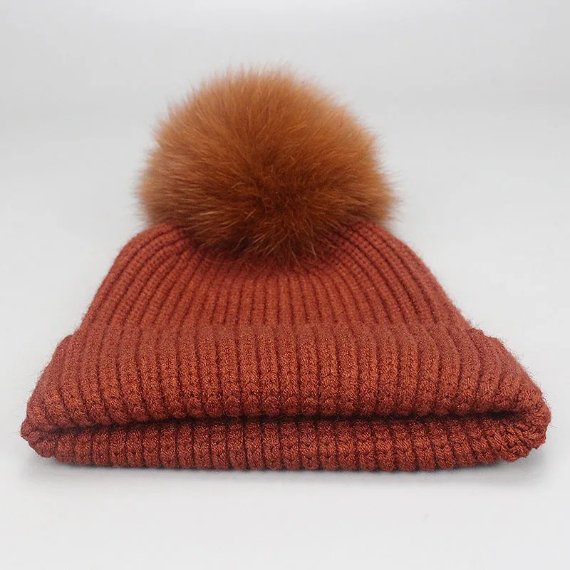 Winter Beanies Fox Pompom Fur Wool Knitted Hat The Female Of The Mink Caps Beanie Hats For Women Girl 'S Hats Scarves Cap Scarf