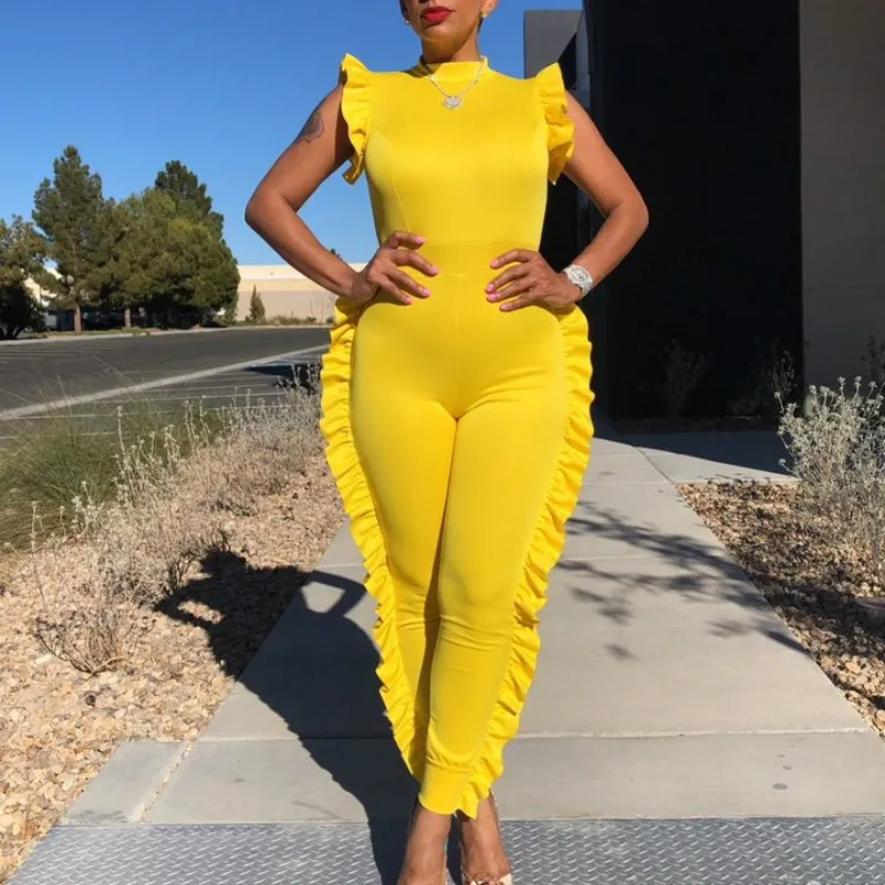 

Jumpsuit Ruffles Yellow Bodycon Solid Casual Fashion for Women Zipper Up Elastic Romper Playsuits Female Summer Plus Size XL L