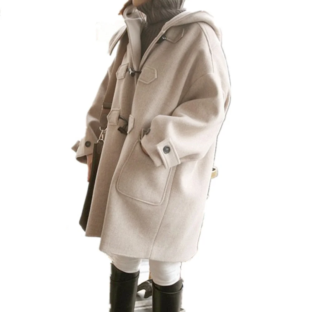 

Korean Casual Women Ladies Woolen Horn Button Hooded Outwear Jackets