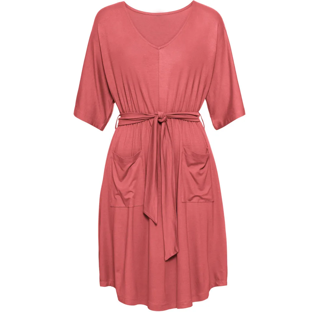 Летнее платье robe femme женское модное Повседневное платье с v-образным вырезом и коротким рукавом, однотонное мини-платье с круглым вырезом больших размеров vestidos de verano#19704