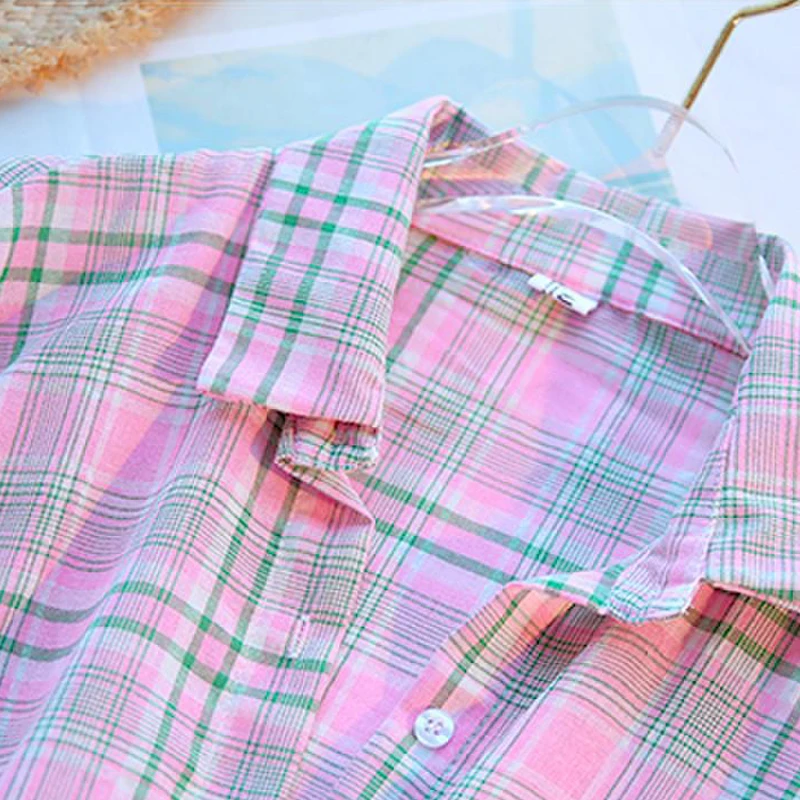 Весна Лето клетчатая рубашка блузка Женская Корея колледж свободные шифоновые топы мода рукав летучая мышь Свободный кардиган, пальто одежда