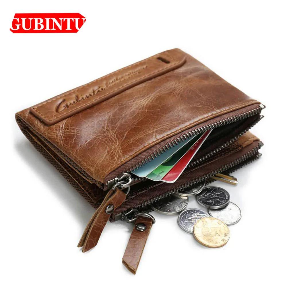 

Gubintu Genuine Leather Short Men Wallet Double Zipper Thin wallet ID Card Holder Zipper Business Brand High Quality Purse