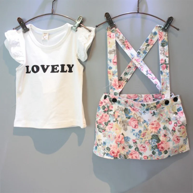 

2PCS 2-7T 2018 Summer New Fashion Children Suits Girls Short Sleeve T-Shirt+Floral Short Skirt Two Piece Set Baby Casual Suits