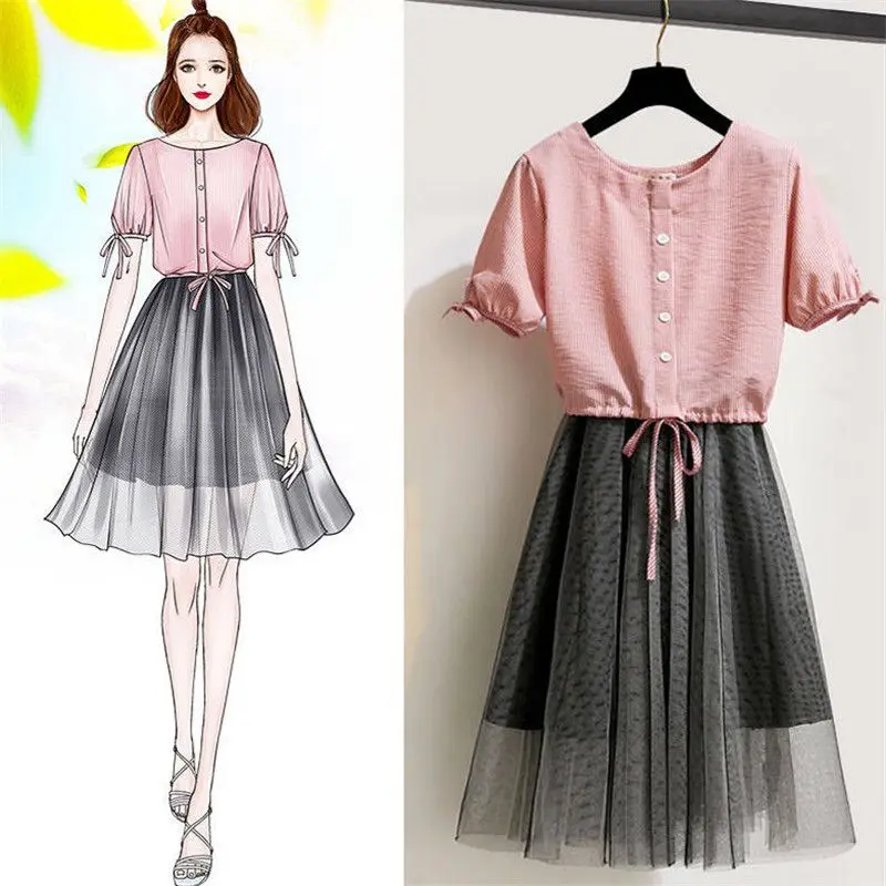 

New Summer Women Sweet Suits Girls Single Breasted Chiffon Tops + Mesh Sling Dress Sets Female Fashion Two Piece Set Clothes F02