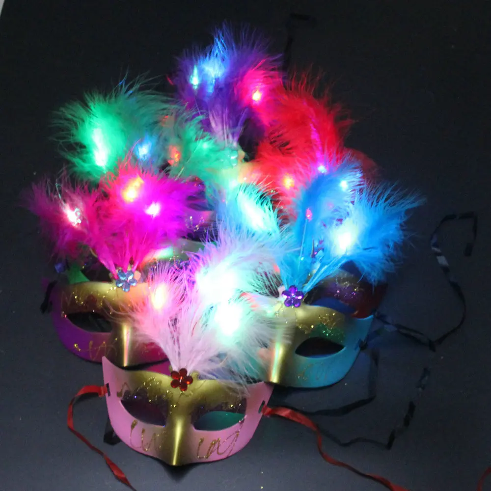 Светодиодный Хэллоуин вечерние Маскарадная маска с лампой свет маска с перьями