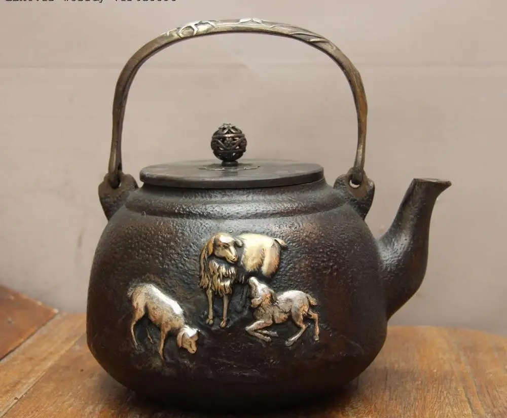 

Archaic Jepanese Iron Silver Gilt Three Sheep Goat Water Bottle TeaPot Teakettle
