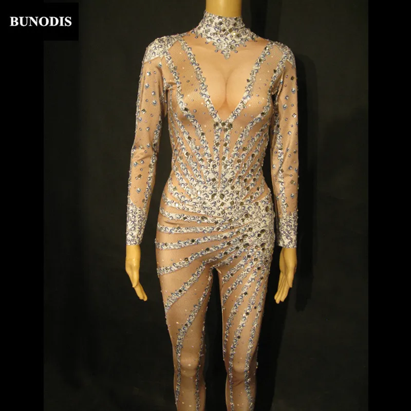 Здесь продается  BU206 Glass Diamond Simple Type Sliver Glisten Rhinestones Jumpsuit Bodysuit Performance Party Costume Dance Clothing  Одежда и аксессуары